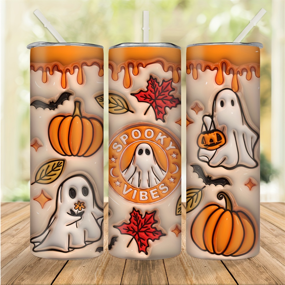 

Spooky Vibes 20oz Stainless Steel Insulated Water Bottle With Ghost And Pumpkin Design - Perfect For Halloween - Includes Straw