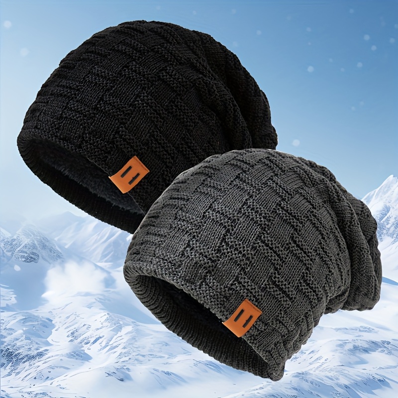 TEMU 2pcs Set Of Fashion Knit Hats, Autumn Winter Warm Fleece Pullover Hat Set, Couple Style Casual Matching Knit Hat, Outdoor Warm Hat Lightweight