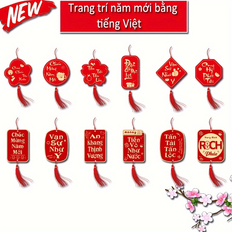 

6pcs/pack Happy New Year Vietnamese Small Pendant Bonsai Hanging Decoration Indoor Outdoor Plant Decoration Tree Pendant New Year Scene