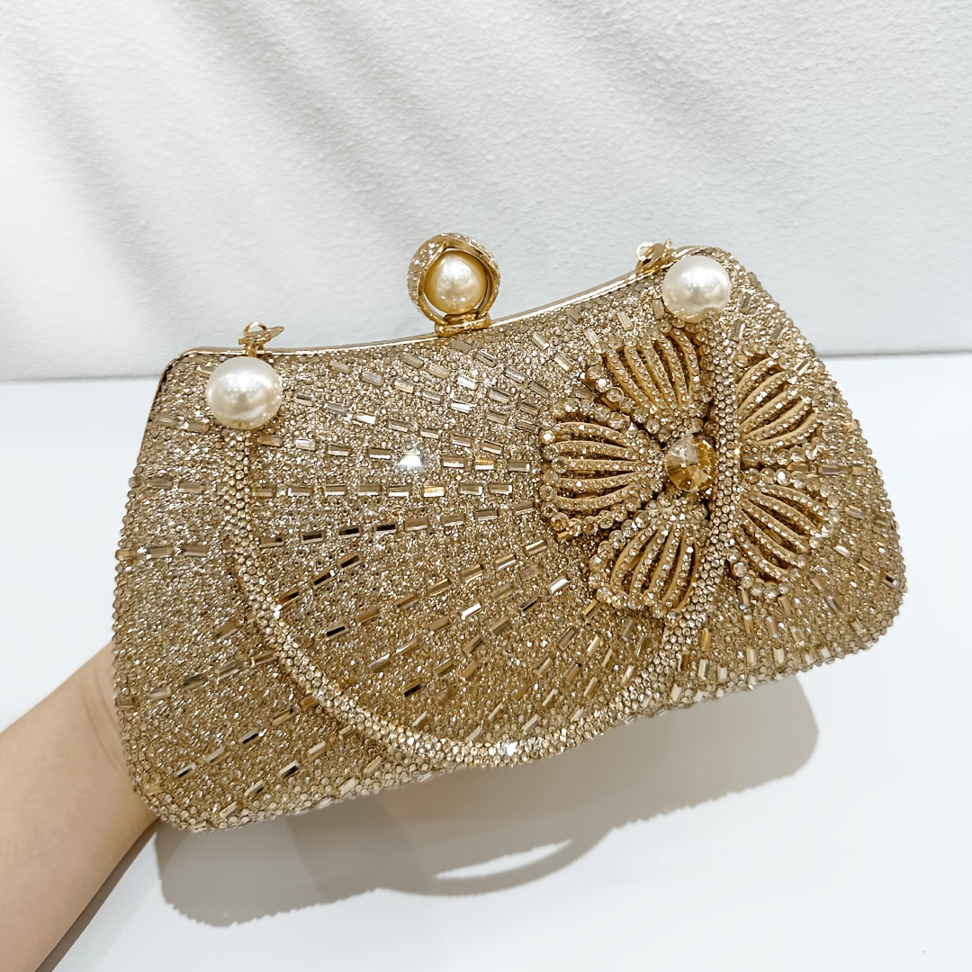 TEMU 1pc Golden Rhinestone Floral AppliquÃ© Evening Bag, Women's Luxury Pearl Handle Clutch For Wedding Party Formal Handbag Crossbody Purse