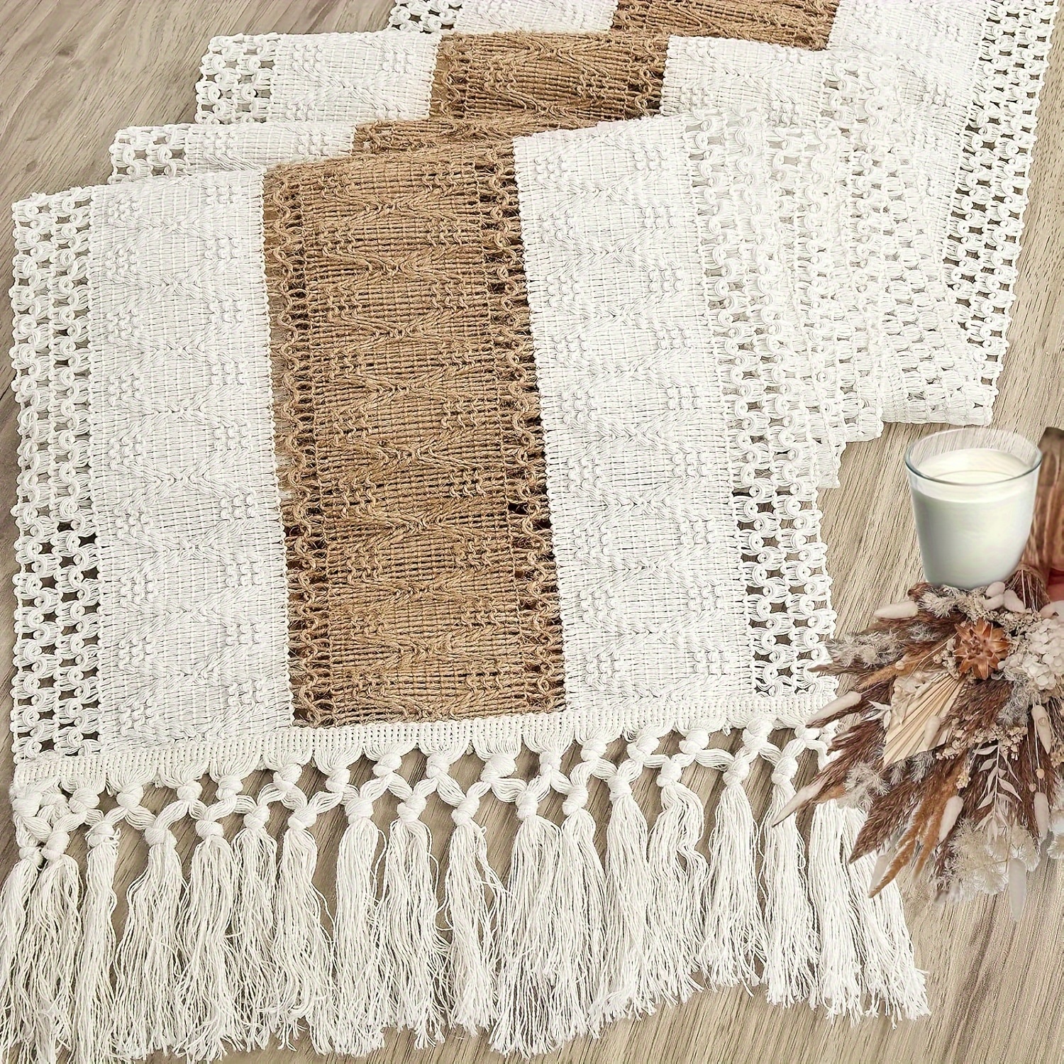 

1pc Table Runner, Farmhouse Rustic Rectangle Coffee Table Runner With Tassels, Cream & Brown Macrame Dresser Runners For Bedroom, Dining Room, Living Room, Bohemian Summer Home Decor