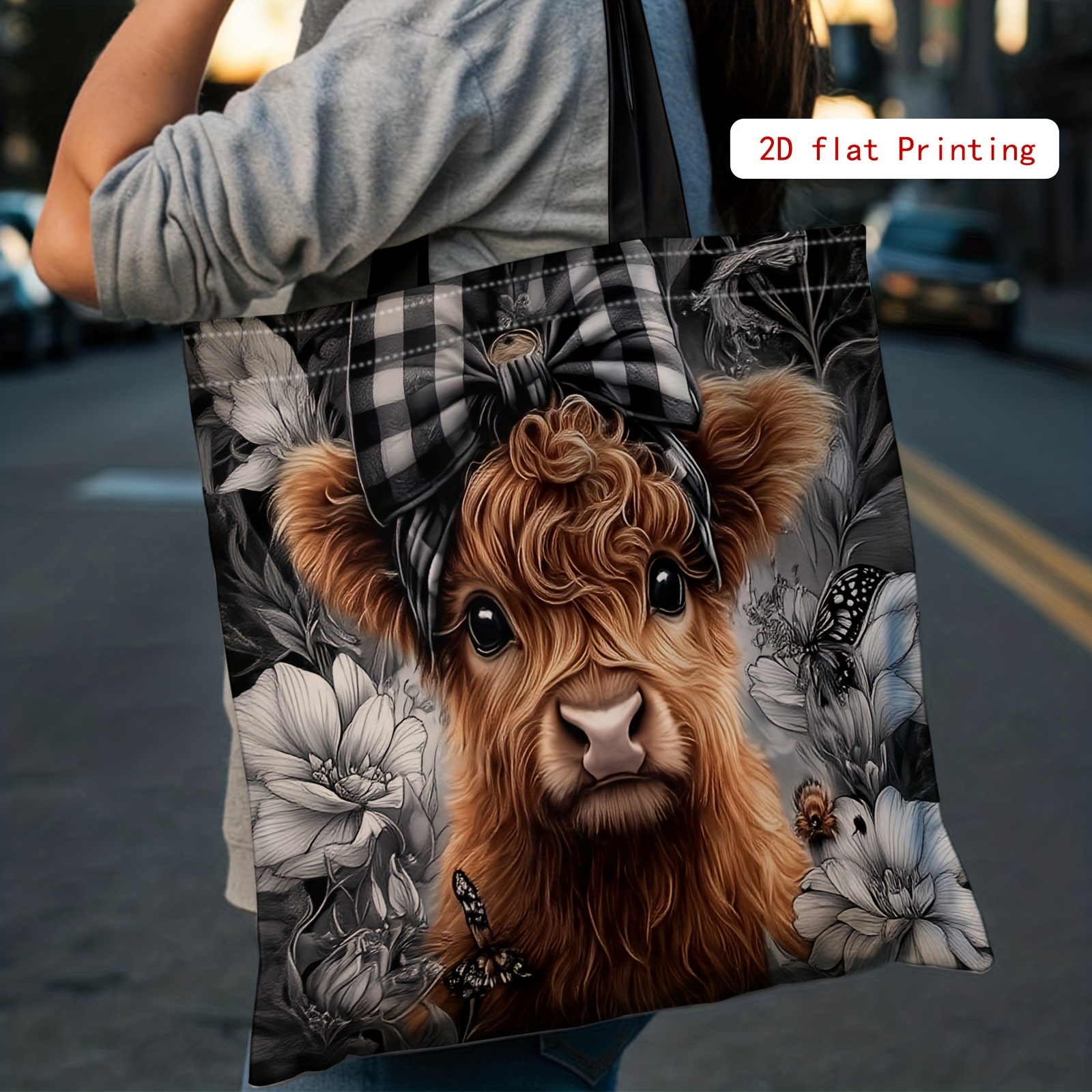 TEMU Christmas Gift, 2d Printed Handbag, Scottish Highland Cow, Floral Background, Shopping Bag, Women's Shoulder Bag