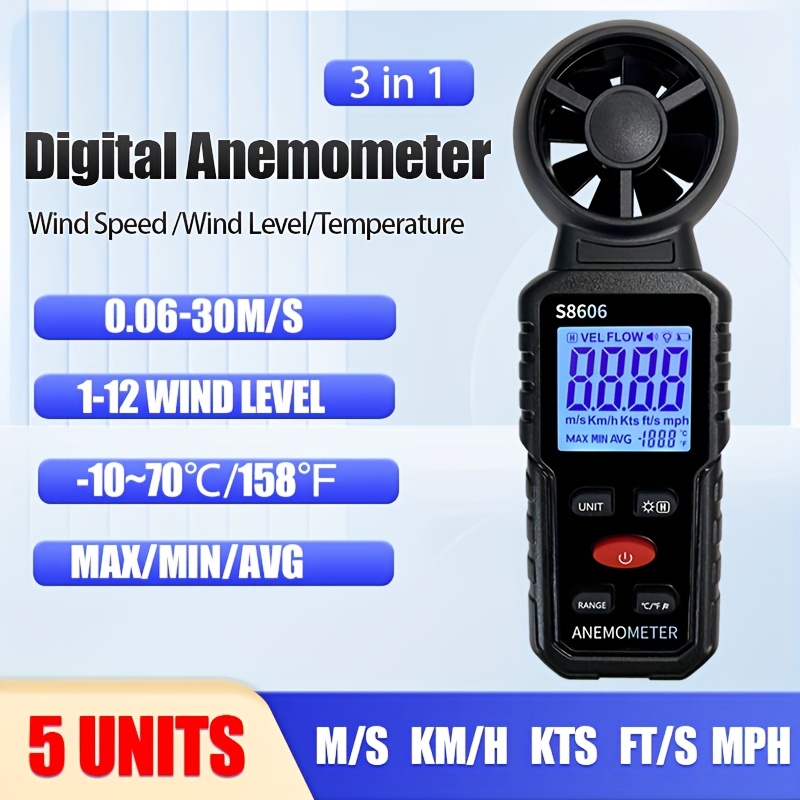 Anemómetro digital portátil para medir velocidad del viento, temperatura y nivel, sin batería