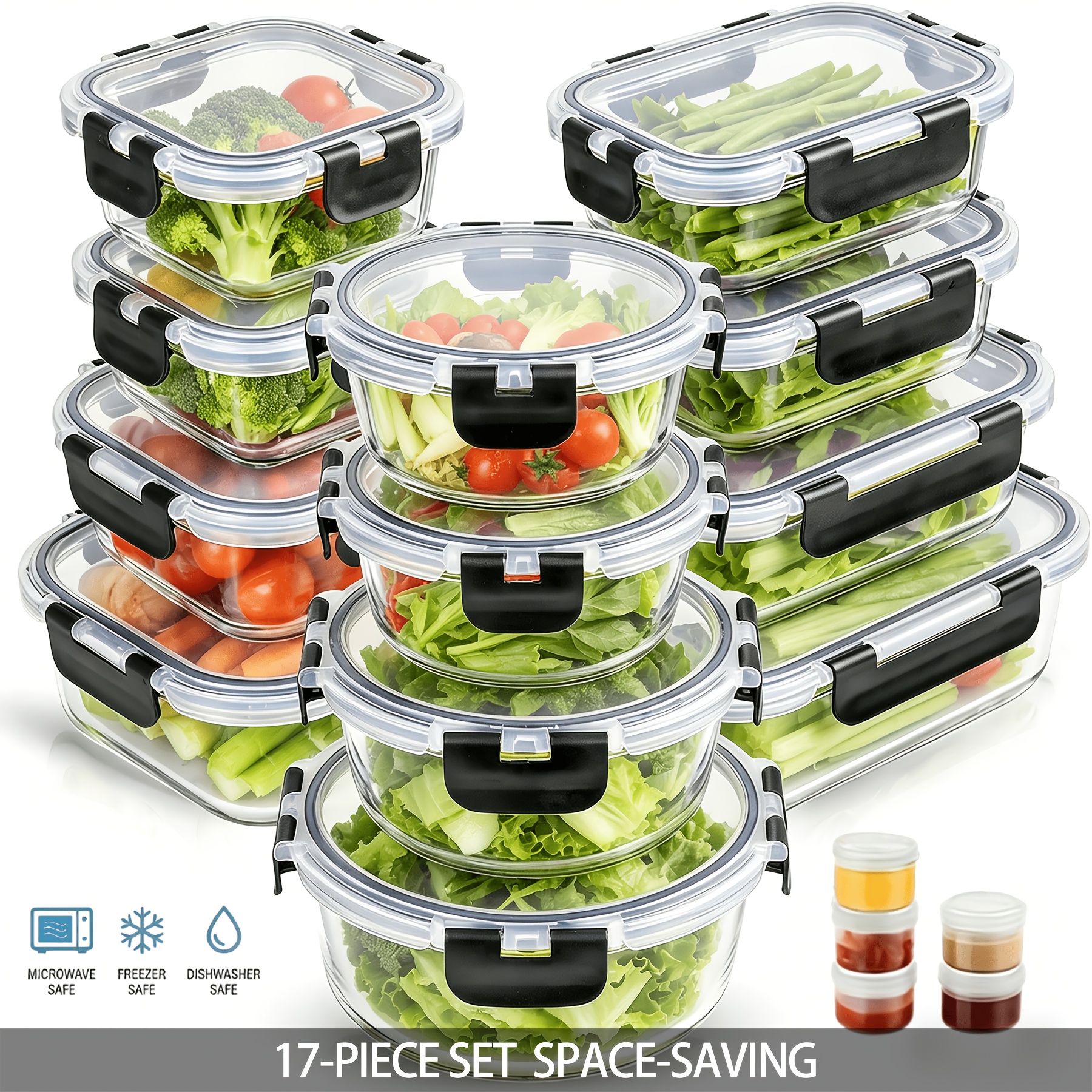 TEMU 17pcs Glass Container Set With Lids - Food Storage Containers, Meal Prep Boxes, Microwave Safe, Lunch Boxes, Refrigerator Fresh-keeping Bowls