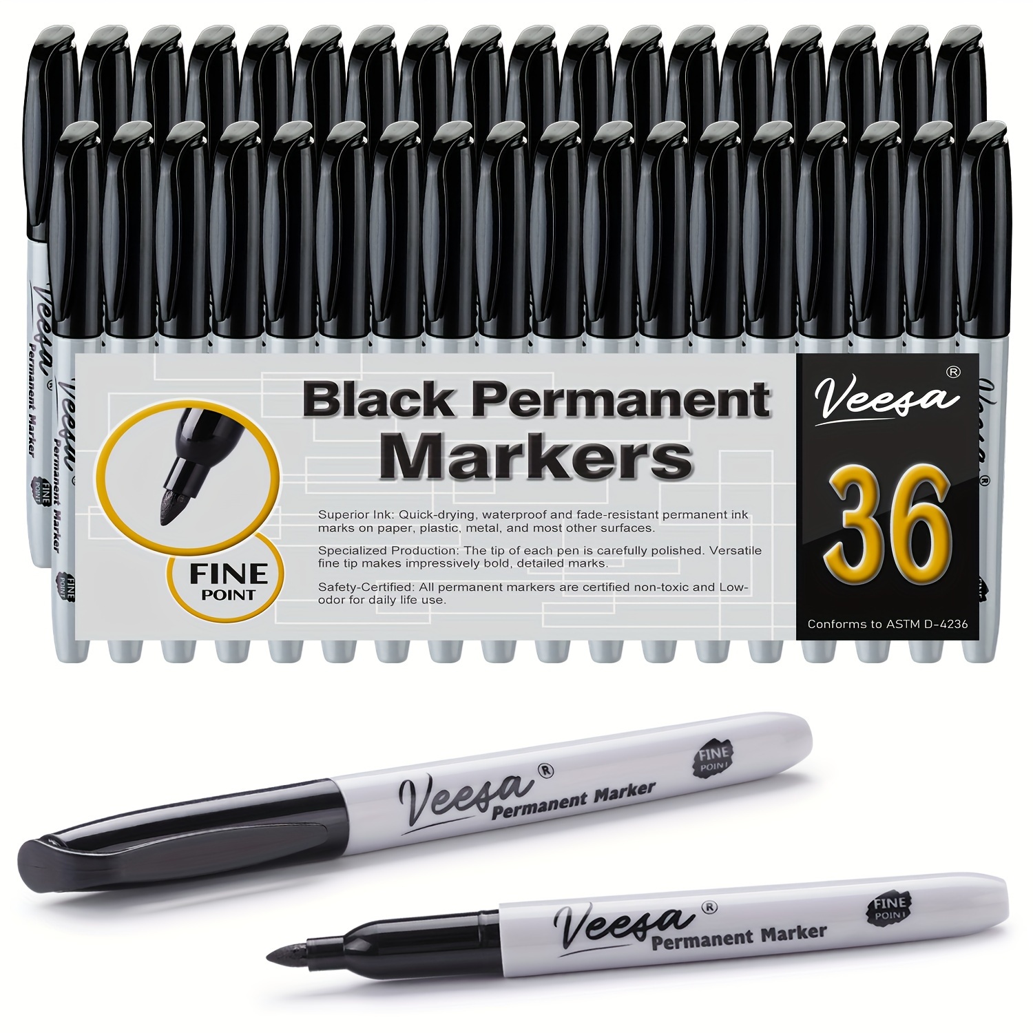 

Veesa Permanent Markers, , Quick-dry & Waterproof, Pack Of 36, Black, For Wood, Plastic, Glass, Cardboard, Leather - Ideal For Office & School Supplies, Art, , Drawing