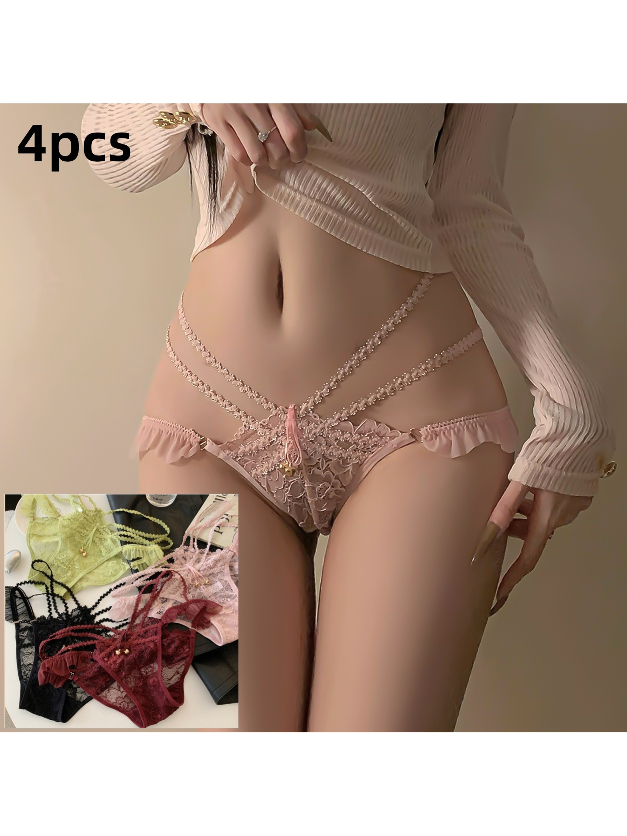 4pcs Women' Low-Waisted Sheer Lace Panties - Pure Desire Briefs with Hollow-Out…