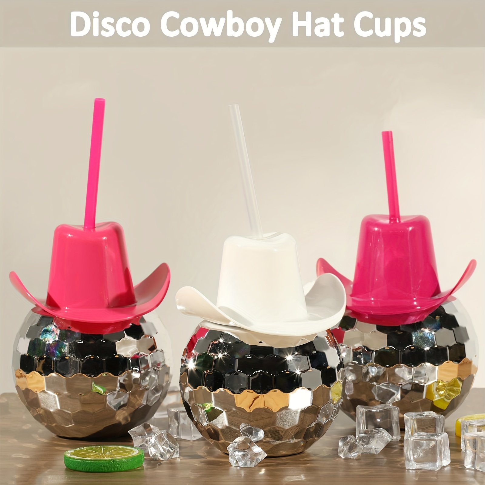 6-Pack Disco Ball Cups – Silver Sparkly Glitter Tumblers With Pink Cowboy Hat Lid & Straw, 20oz, Party Supplies