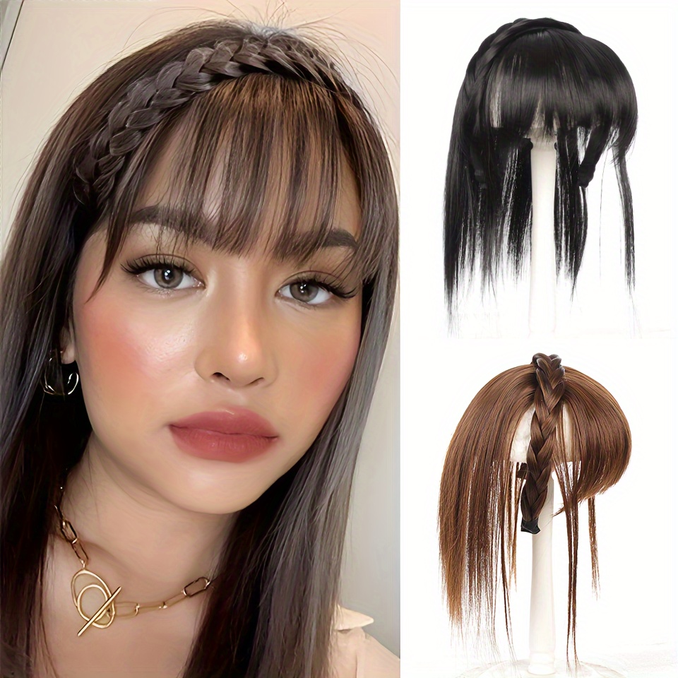 womens synthetic straight hair topper with clip in bangs and overhead braids natural looking   fringe hair extension hairpiece for all women styles details 0