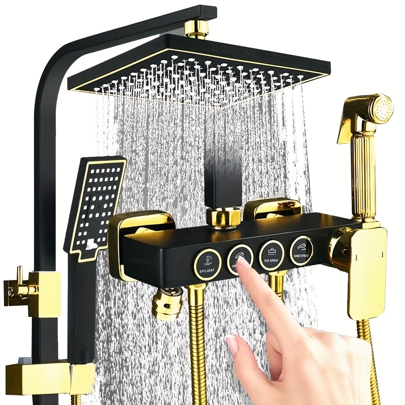 Luxury Black Golden Square Shower Head - Wall-Mounted with Extension Rod, 4 Adjustable Spray Settings, Stainless Steel & Painted Finish, Dual Function Controls for Full Body Coverage, No Electricity Needed