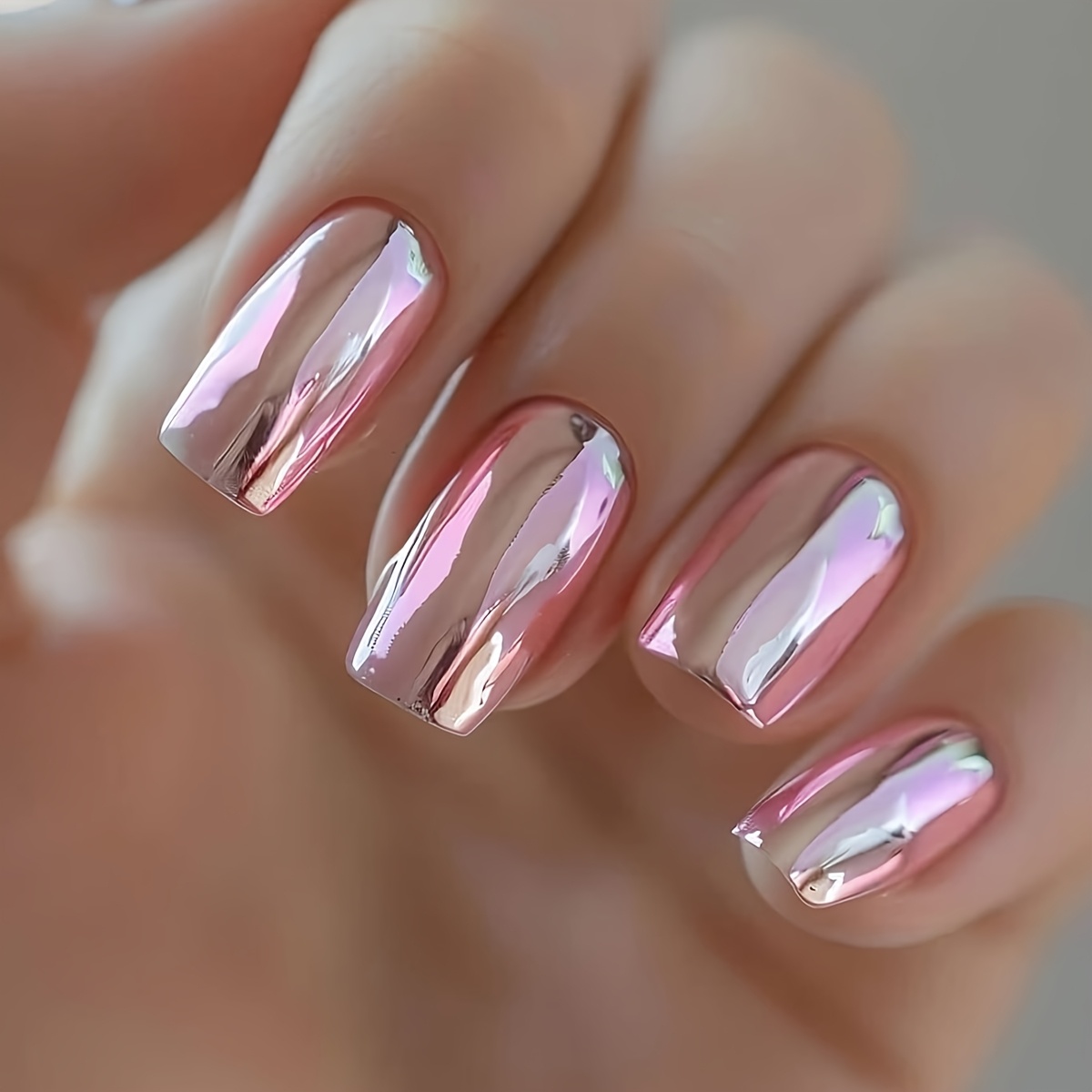 TEMU Upgrade Your - 24pcs Pink Chrome Press-on Nails, Short To Medium Square Fake Nails, Full Coverage Artificial Nails, Square Nails, Acrylic