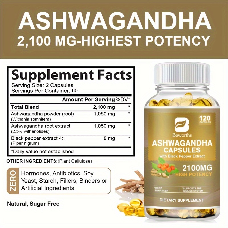 ashwagandha capsules 1300mg ashwagandha capsules with black pepper energy support for men and women 120 capsules details 1