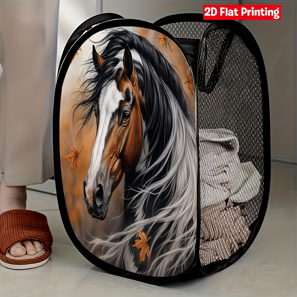 TEMU 1pc Panier à Linge Pop-Up en avec Cheval d'Automne et Feuilles Tombantes - Solution de Rangement Durable , Garde les Vêtements Organisés et