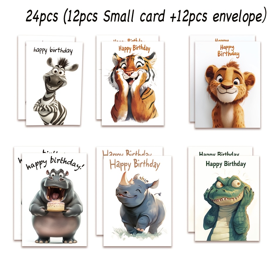 

24pcs Cartoon African Animal Birthday Greeting Cards With Envelopes - Personalized Paper Cards For New Year, Valentine's Day, Thanksgiving - Unique Animal Theme Cards For All