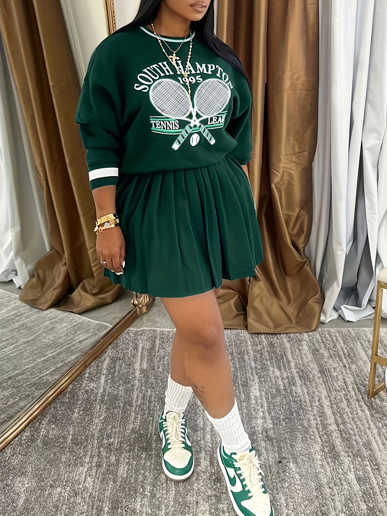 womens elegant themed printed sweatshirt skirt set navy blue