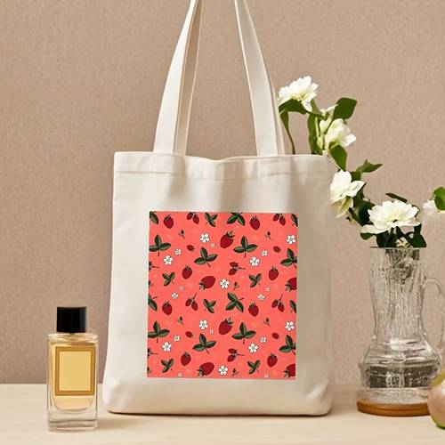 strawberry print polyester shoulder bag large capacity multifunctional tote with cartoon design durable stylish for casual beach