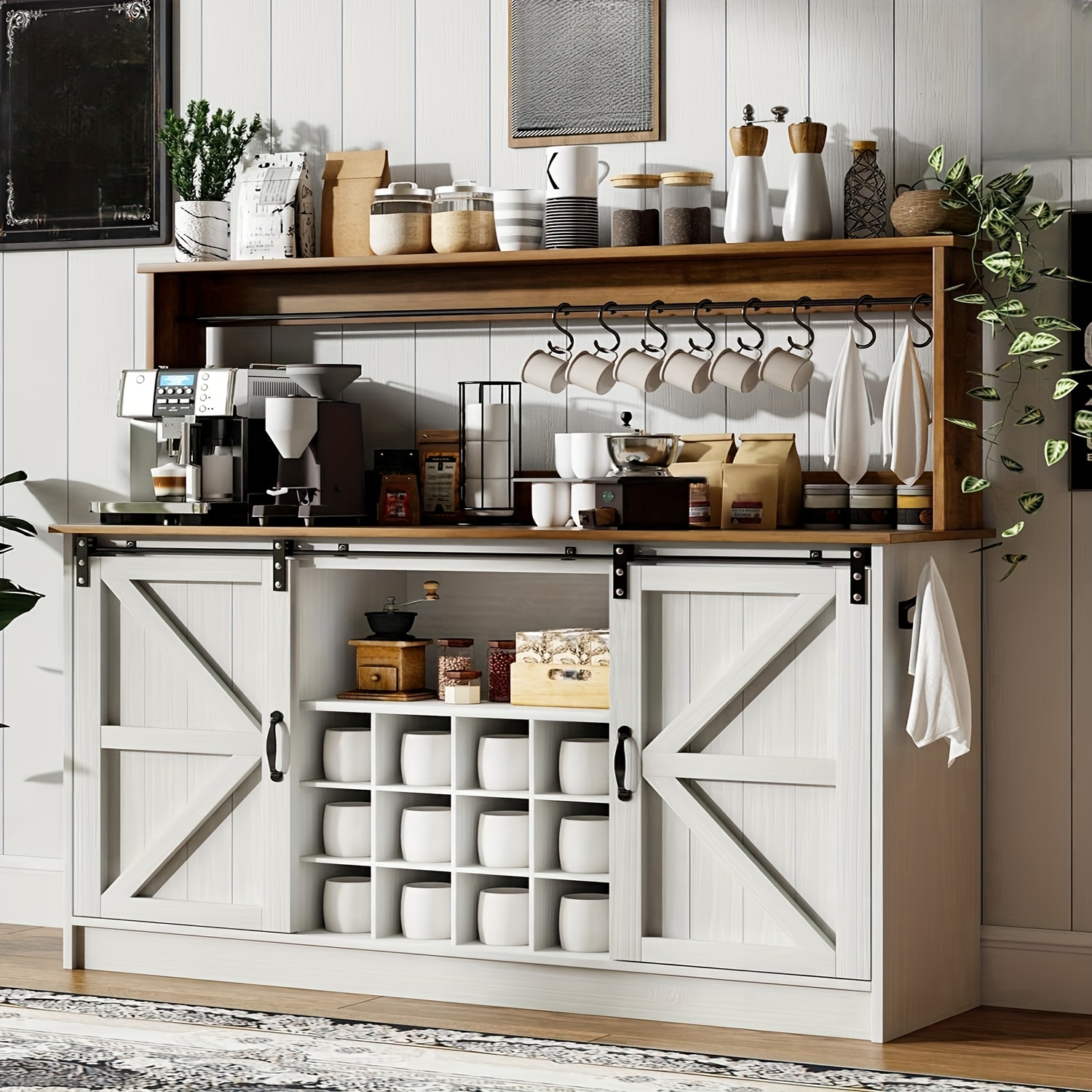 55" Farmhouse Coffee Cabinet - Sliding Barn Doors & Mug Hooks