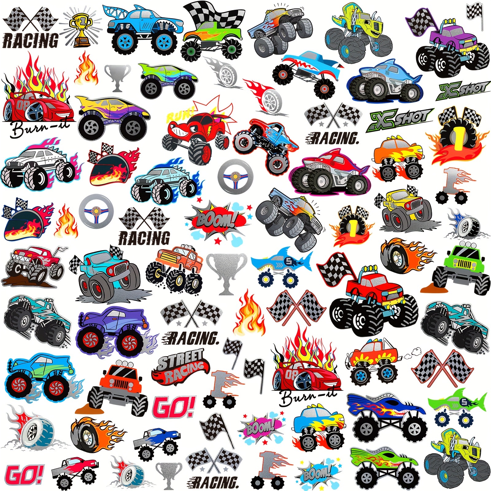 

4 Sheets Truck Temporary Tattoo For Boys, Groovy Metallic Styles Tattoos For Truck Birthday Party Decorations -racing Car Checkered Flag Trophy Flames Wheel Fake Tattoo Stickers