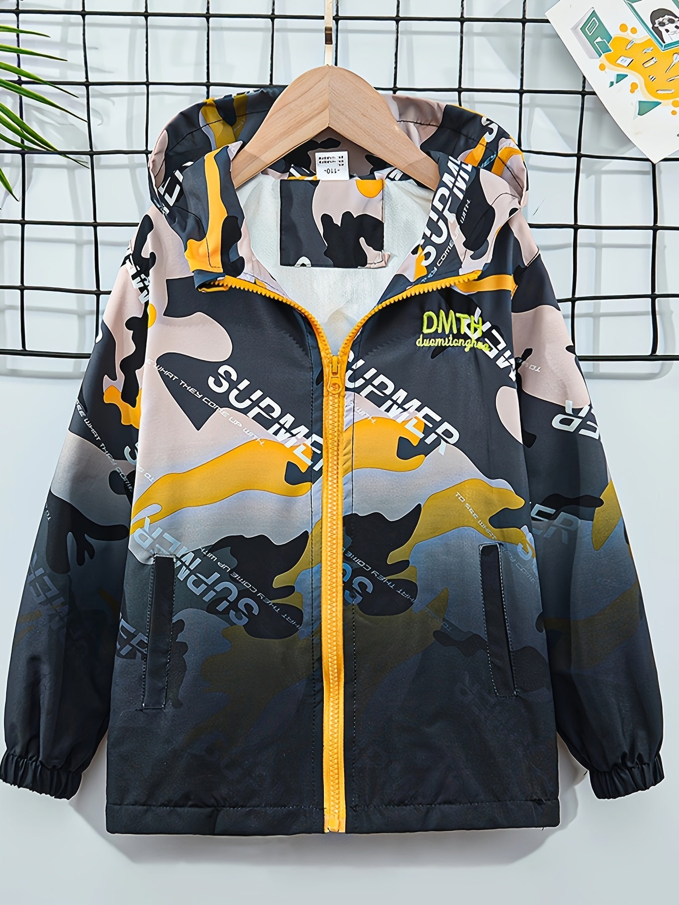 Boys' Casual Spring/Summer Jacket 2024 Loose Fit, Zippered Hoodie  with Long Sleeves, Woven Polyester, Camouflage Print, Unisex Pul