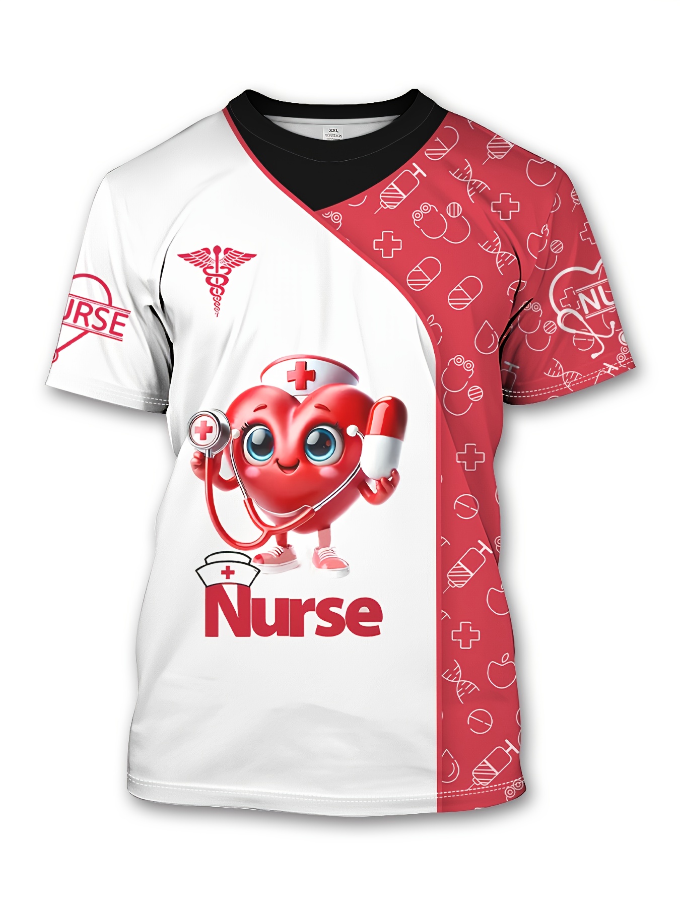 womens nurse uniform t shirt red and white   design   pill cute illustration short sleeves polyester   professionals nurse uniforms heartthemed   durable fabric white 0