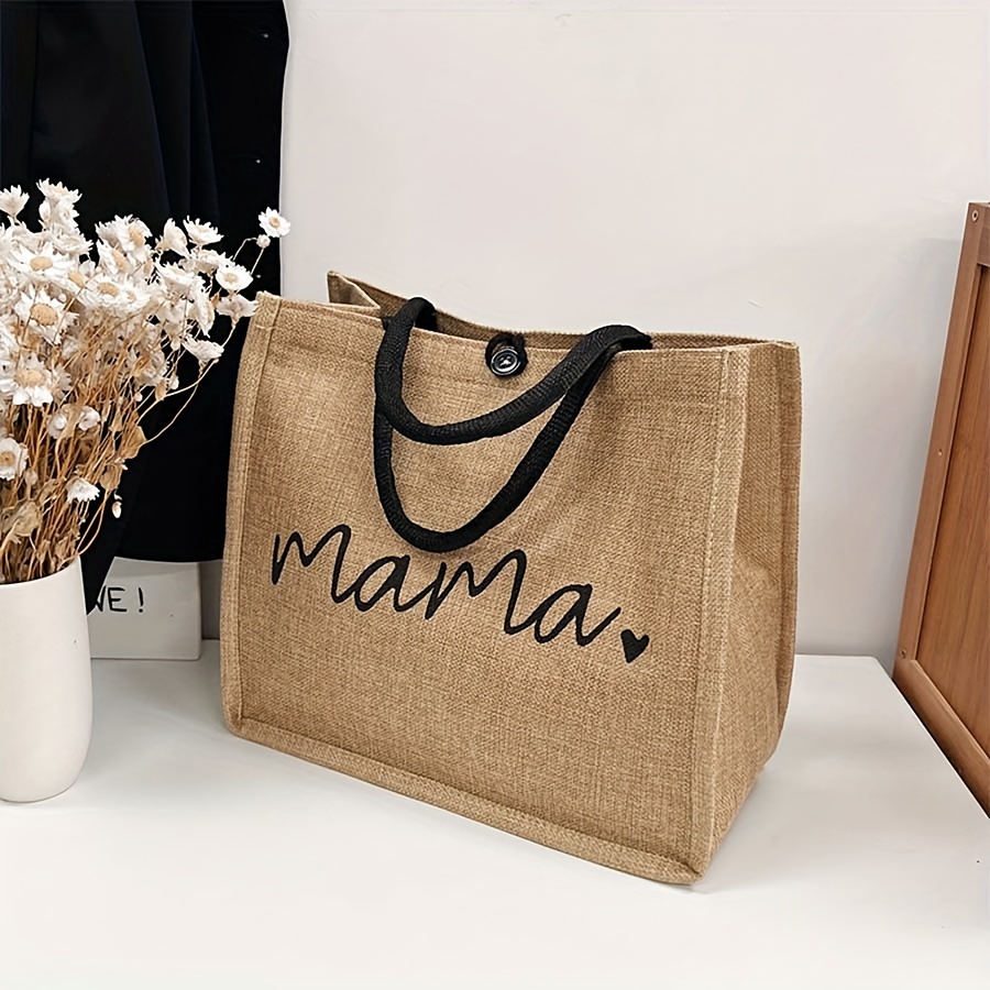 mama letters print tote bag fashion burlap shoulder bag portable travel picnic bag shopping bag gift for womens day details 2