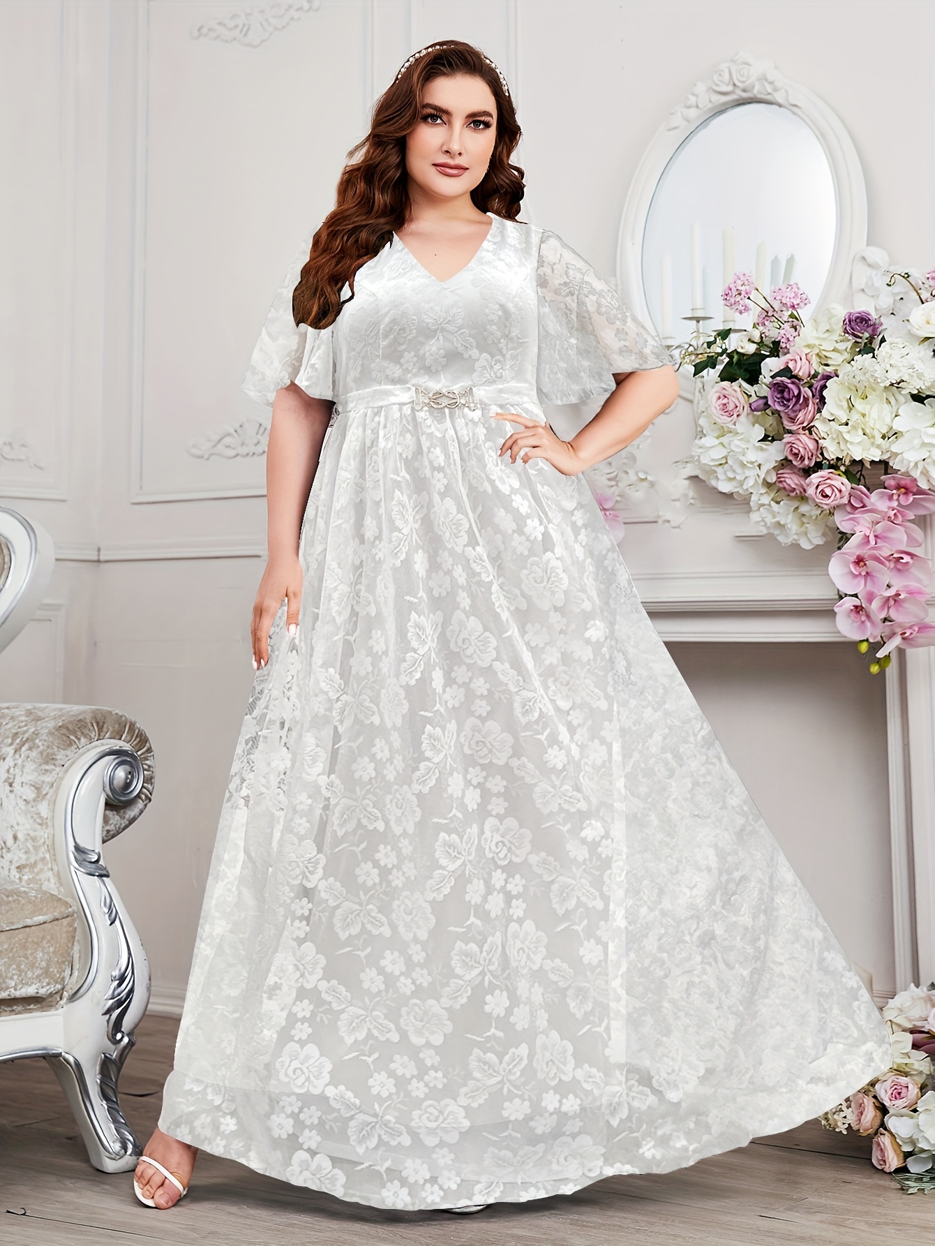 Plus Size Solid Floral Lace Dress Elegant Cinched Waist Flutter Sleeve V Neck Dress For Party Banquet Women s Plus Size Clothing