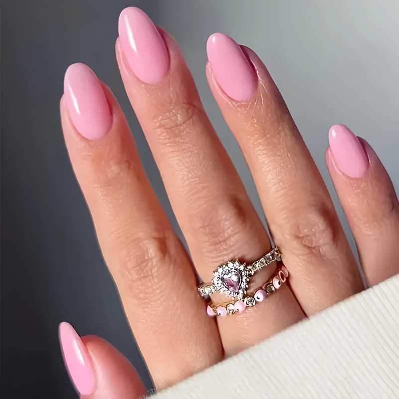 Celebrity-style Wearable Nail Tips, 24pcs, Medium-length Almond Shape, Solid -on Nails, Simple Ins-style Fresh Pink Fake Nails For Nail Extension, Removable With Jelly Glue And 1 Nail File