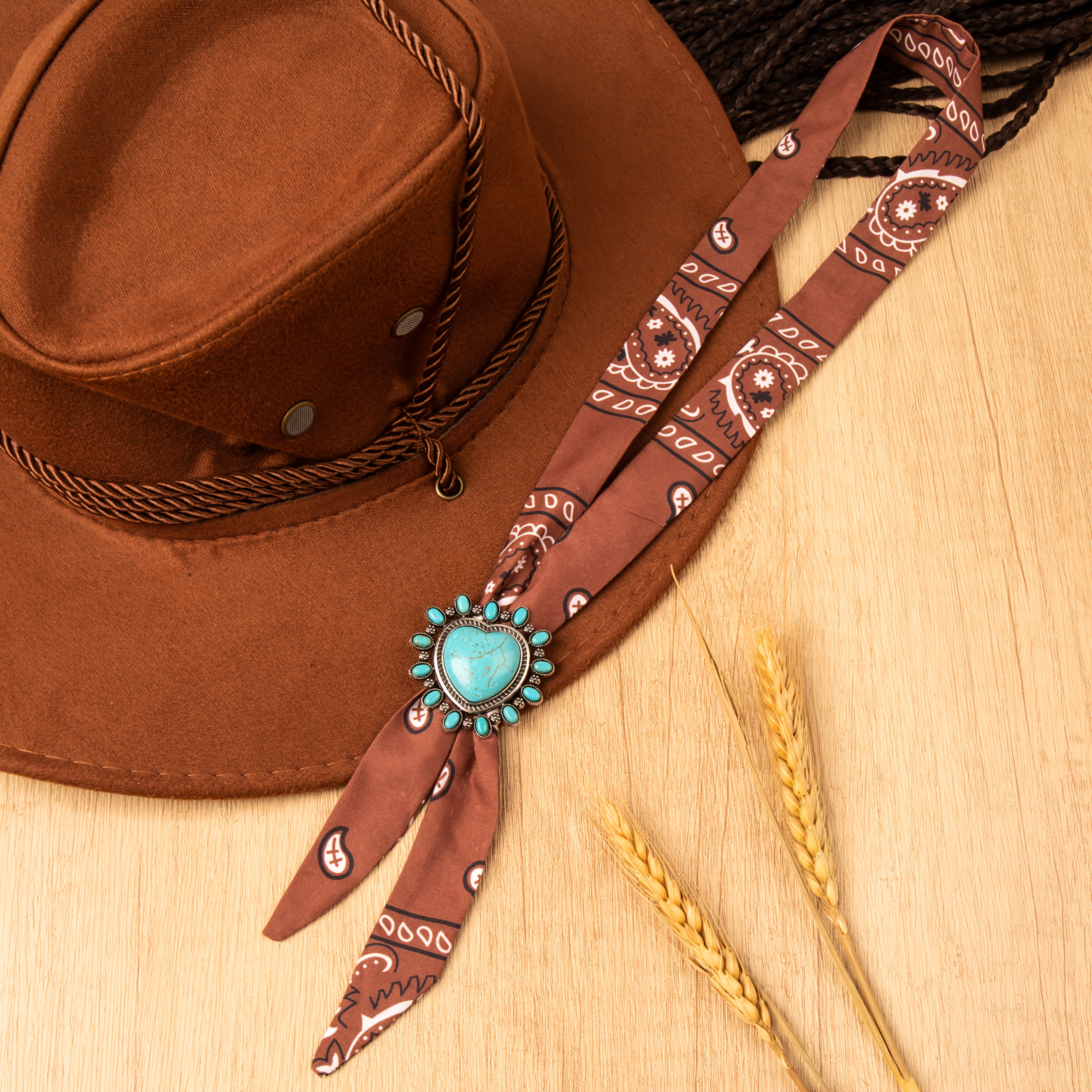 TEMU 1pc Western American Bolo Tie With Synthetic Turquoise & Tiger Eye Stone Inlaid Alloy Buckle, Fabric Neck Jewelry, Unisex Cowboy Accessory For