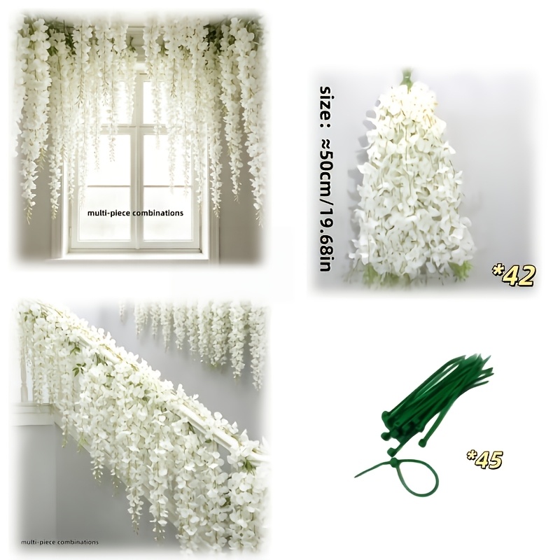 TEMU Juego de 87 piezas de vid de glicinia artificial blanca, 42 guirnaldas , decoración floral colgante sin , ideal para de boda, techos, escaleras,
