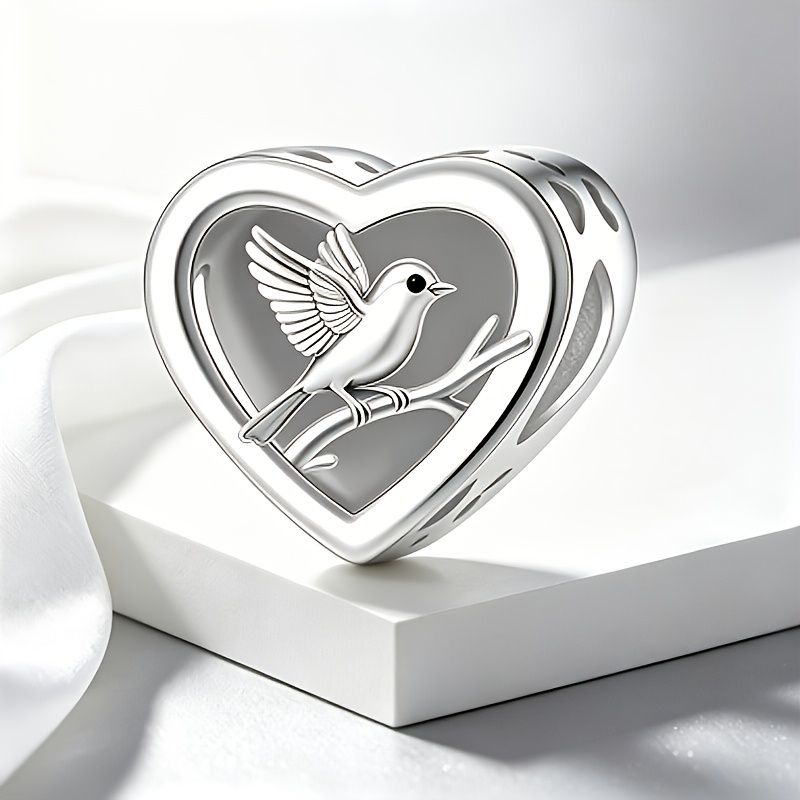 Silvery Plated Copper Heart Bead with Bird-On-Branch Pattern