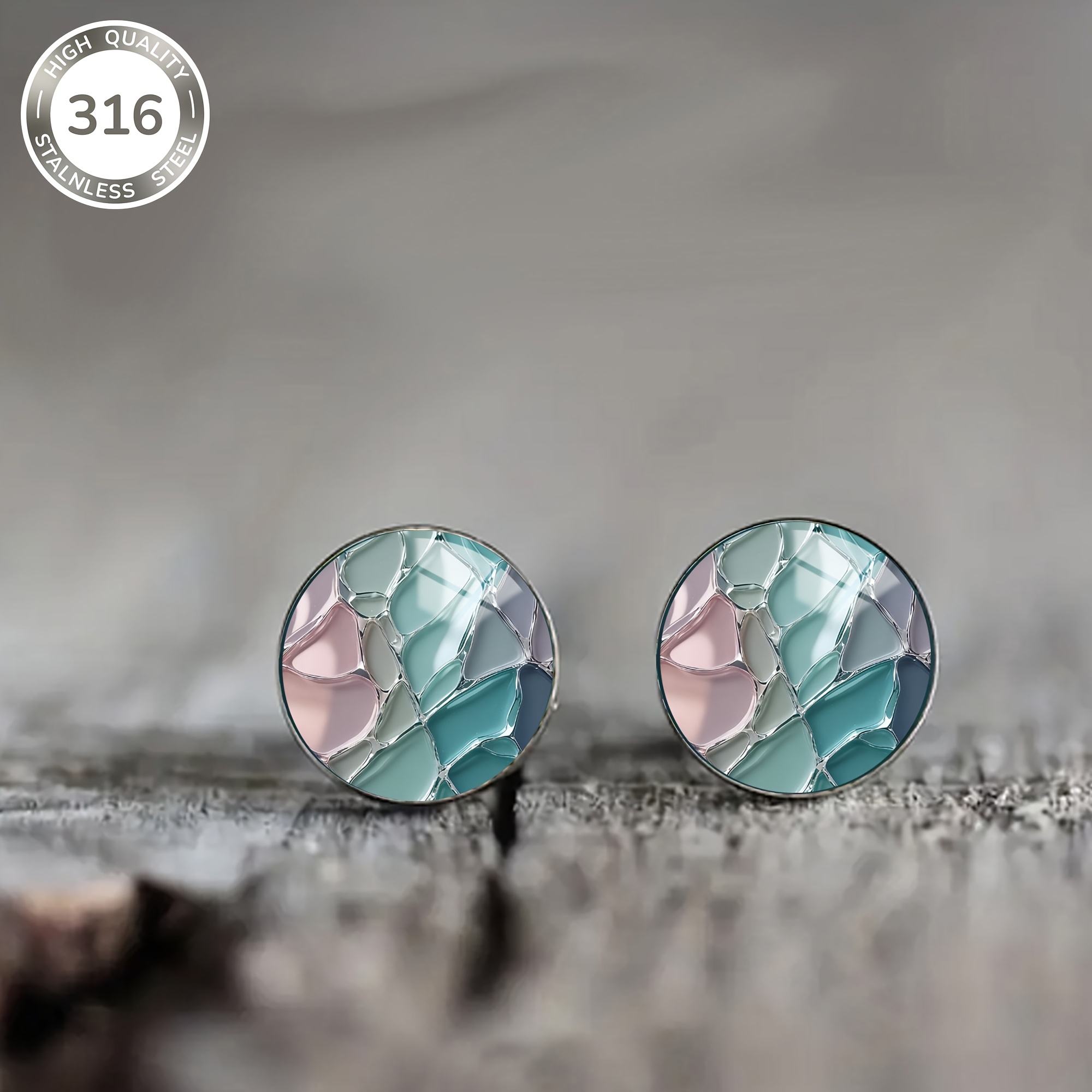 1 Pair Of Colorful Glass Pattern Steel Ear Studs, Elegant And Luxurious Style Earrings For Men And Women, Daily Wear Or Vacation Accessories, Christmas Gift