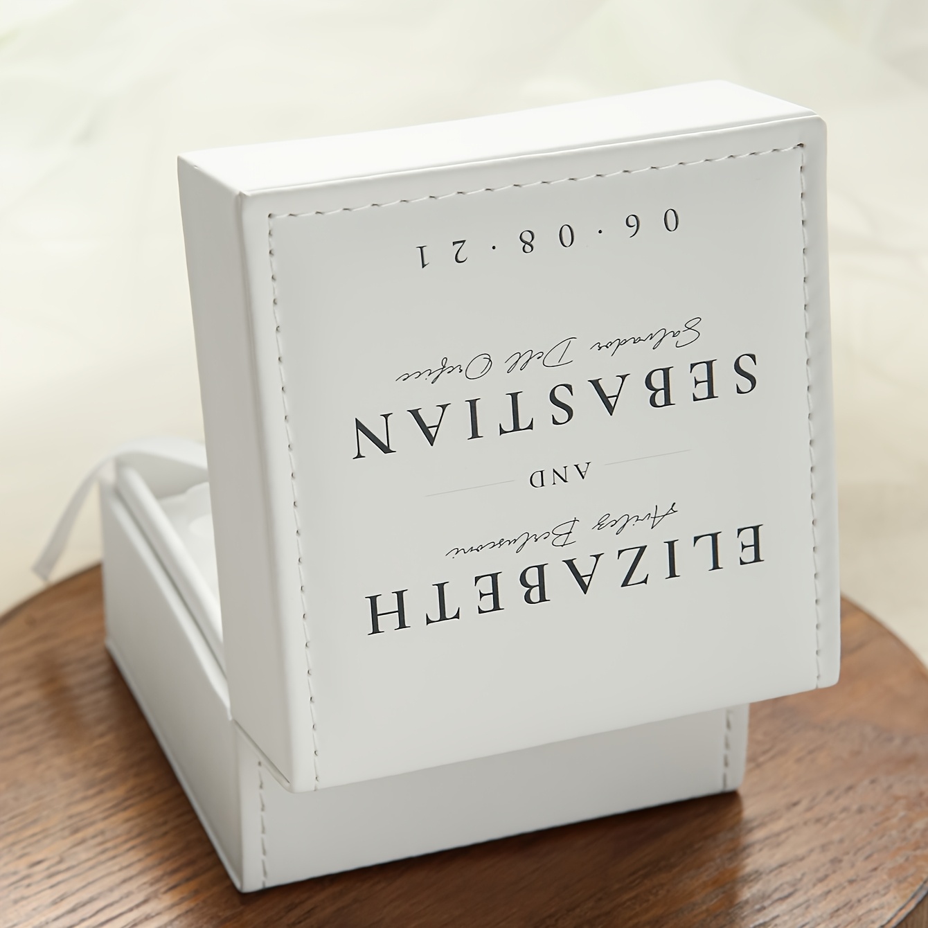 TEMU 1pc Personalized Name & Date Faux Leather Ring Box For Wedding, Customized Square-shaped Elegant White Ring Case For Wedding Rings, Custom Lace
