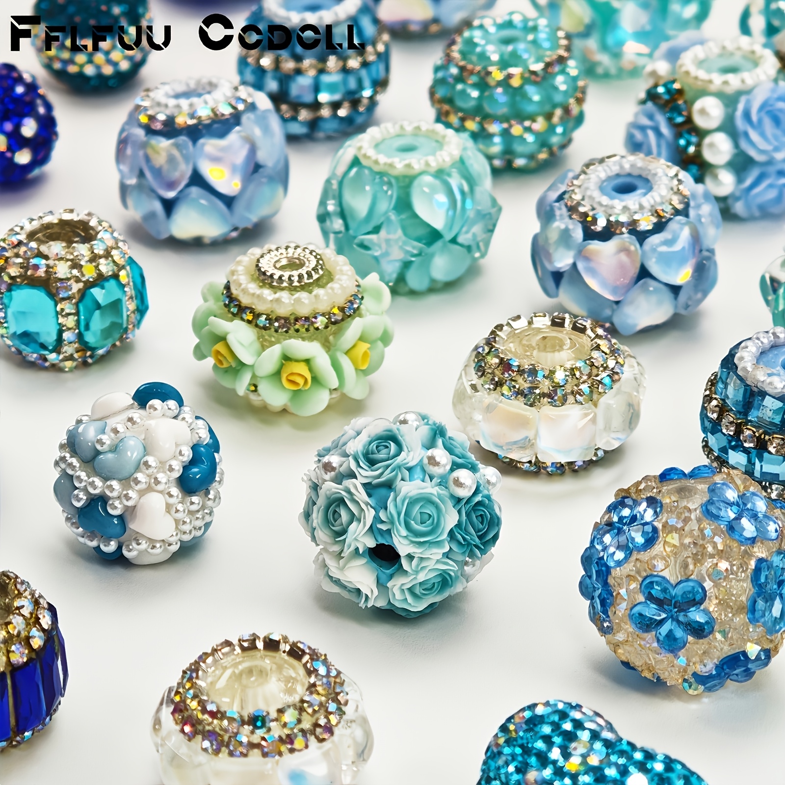 TEMU Fflfuu Ccdcll 5pcs Blue Mixed Resin Large Hole Craft Beads, Color Block 3d Spacer Beads With & Pearl, Bracelet Necklace Hair Accessory Bag Charm