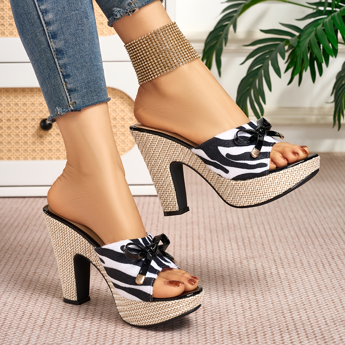 elegant womens zebra print bow open toe high heel sandals women shoes Product details 3
