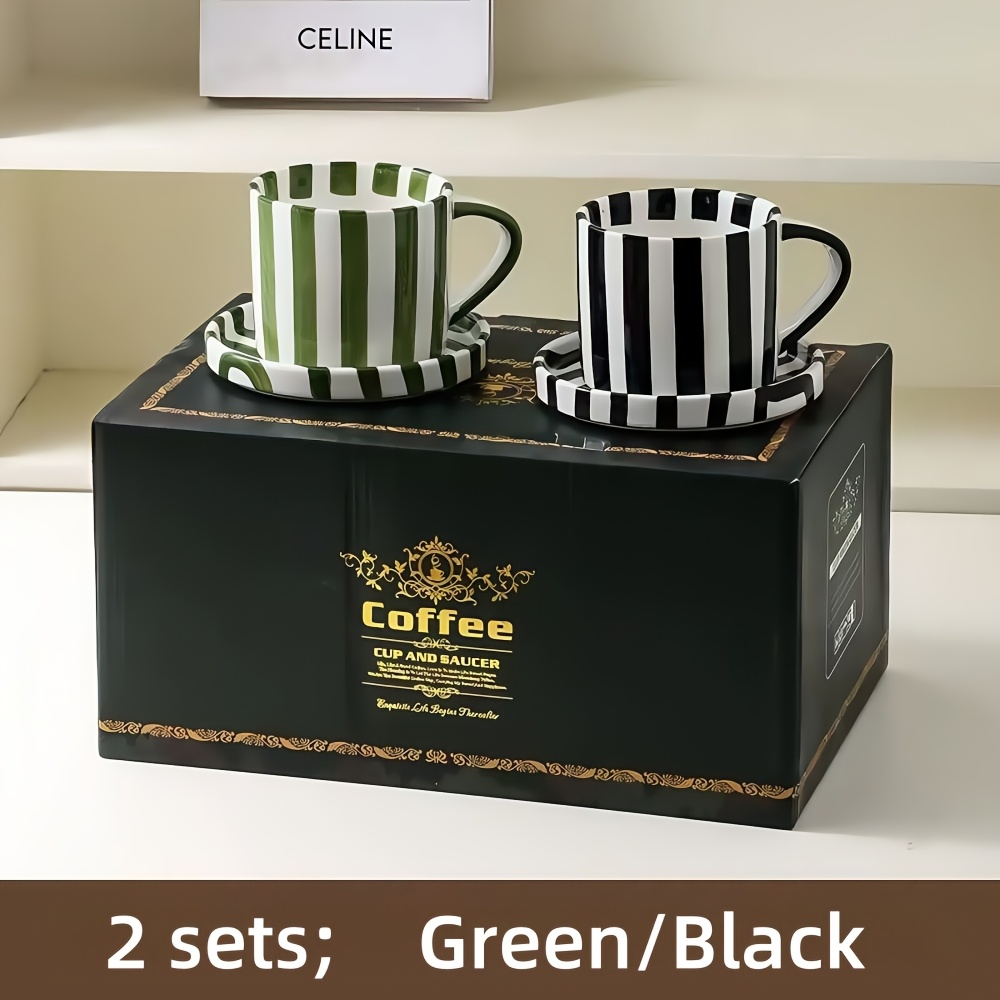 2 Sets Of Vintage Ceramic Striped Coffee Cup And Saucer Combination, Breakfast Drinking Cup, Tea Party, Afternoon Tea, Home, Garden, Restaurant Etc., Drinkware, Gift