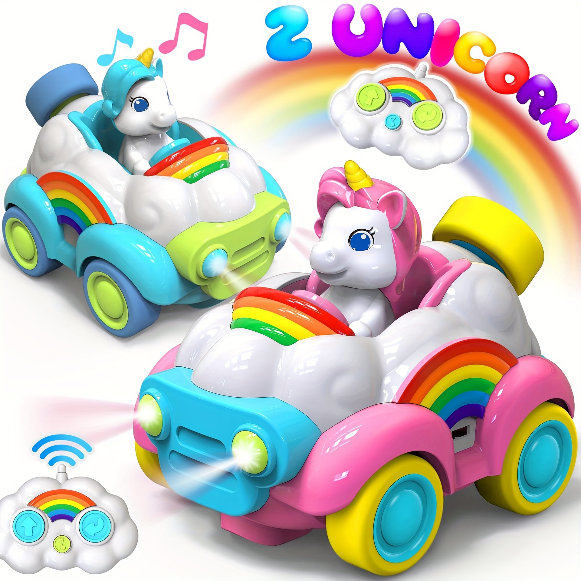 unicorn remote control car toy for 3 year olds gift set of 2 with led lights and   birthday present for girls ages 3 4 5 or 6 blue and pink