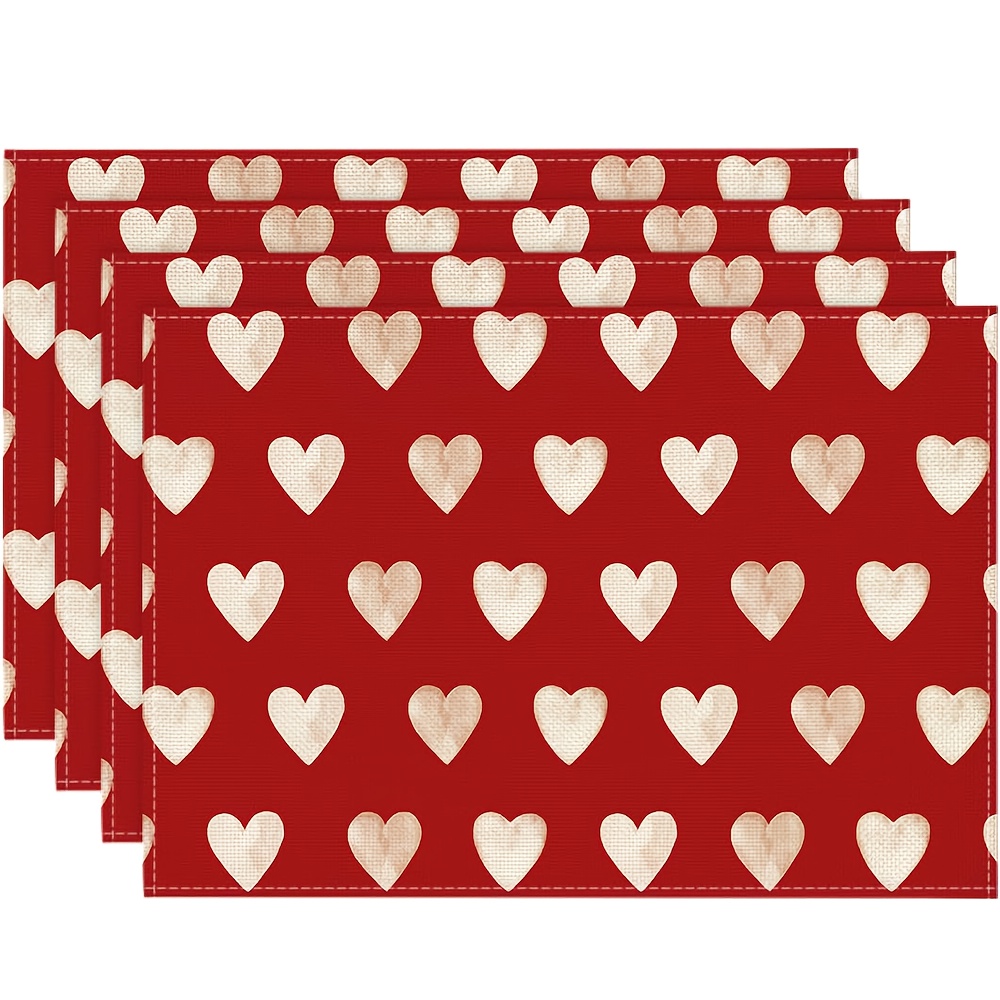 

4pcs Set Valentine's Day Love Heart Placemats - 12x18 Inch, Red Polyester Table Mats For Romantic Dining & Party Decor