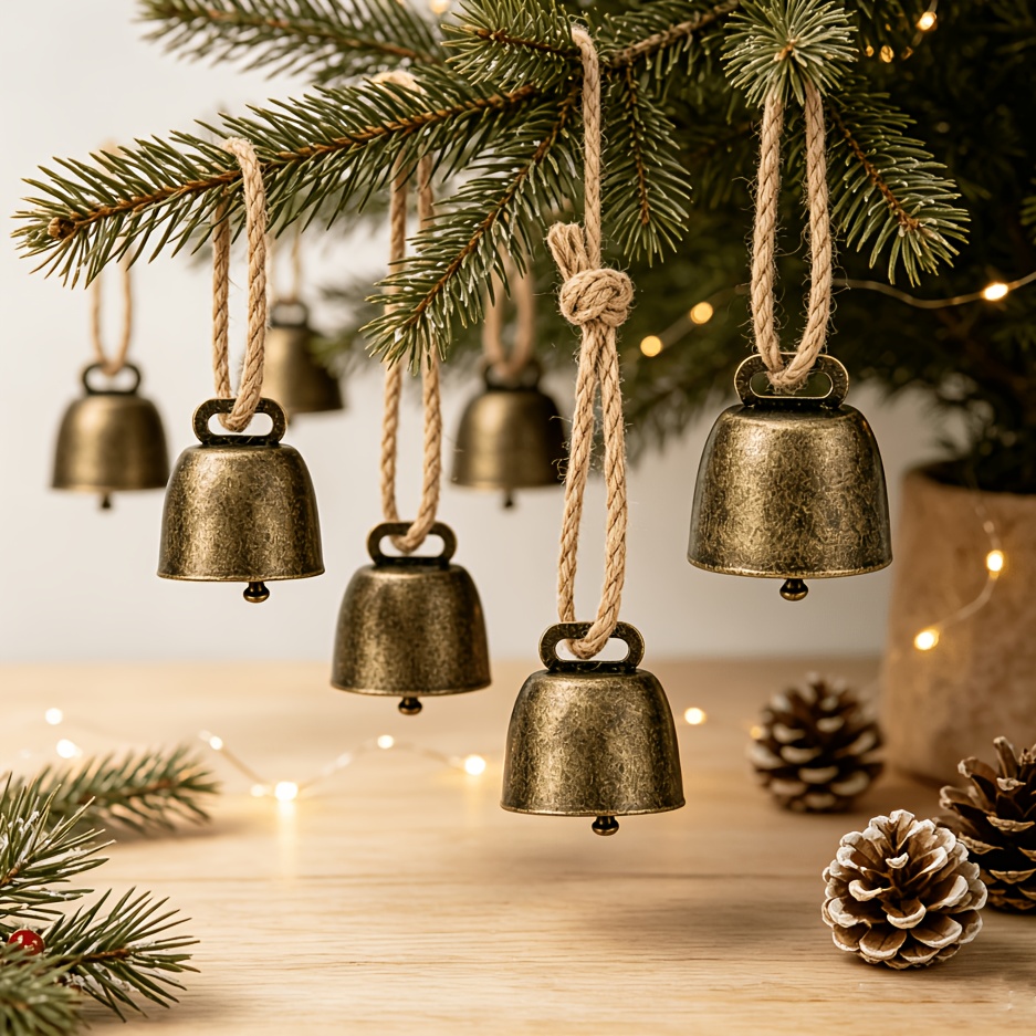 TEMU 8pcs Vintage Distressed Metal Cow Bells, Christmas Decorations With Jute Rope Hanging Cords, Suitable For Christmas Tree Ornaments, Wreath