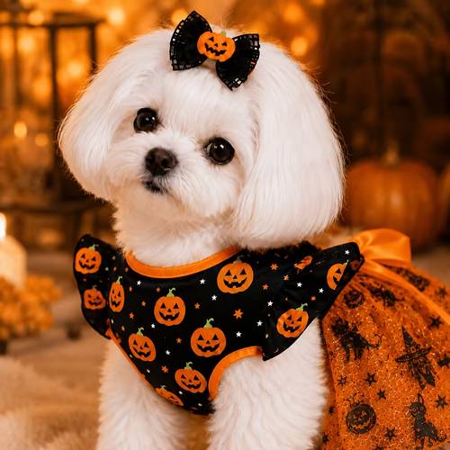 halloween pumpkin print dog dress with bow comfortable and breathable light pet apparel for small to medium breeds