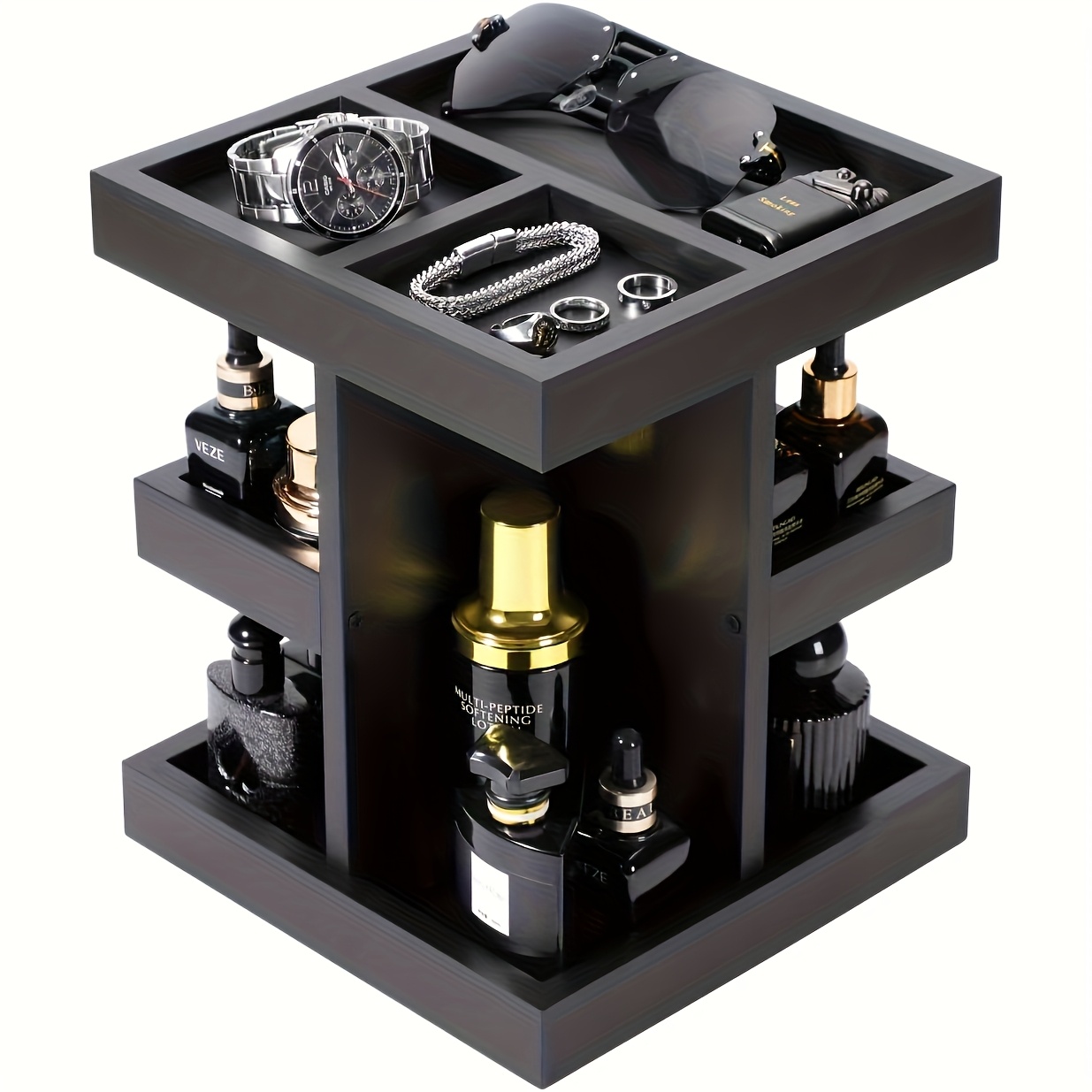 Image of Men's 3-tier Large Capacity Rotating Organizer - Golden-tiered Shelf Desktop/bedside Table, Black - Husband Birthday/christmas Gift, Jewelry Tower, Jewelry Towers