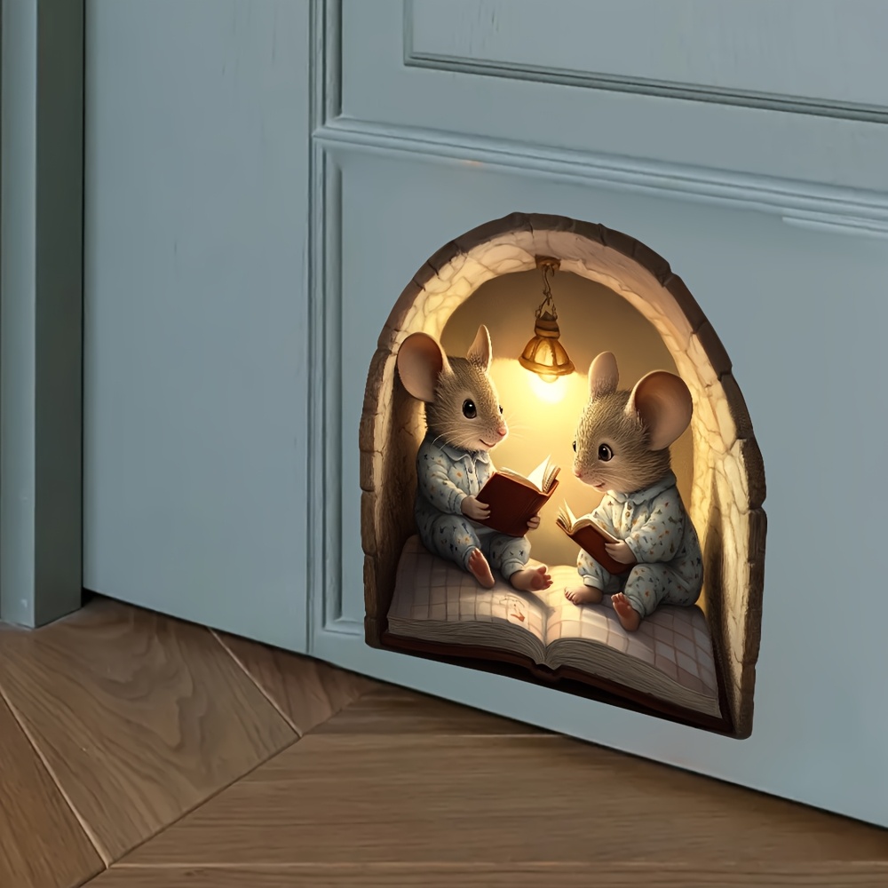 1pc 3d Wall Sticker - Self-adhesive Removable Reusable Plastic Decal With Cute Mice & Book Design, 3d Illusion Mice Peeking From Hole For ' Room Playroom, & Stick Wallpaper Decoration
