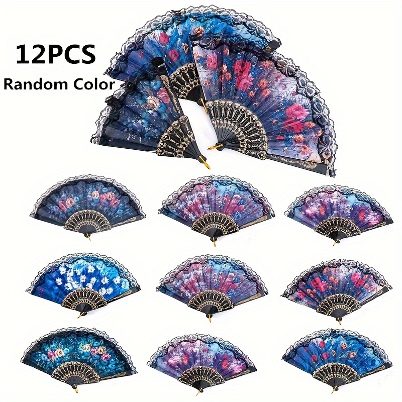 TEMU 12pcs Black Lace-trimmed Hand Fans, Vintage Floral Folding Fans, Summer Chinese Style Folding Fans For Women, Dance Performances, Photo Props