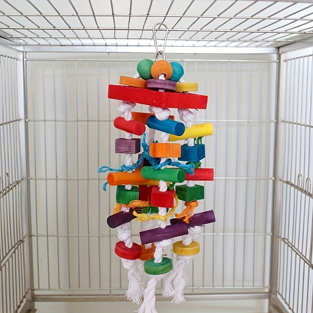 

Wooden Parrot Toy With Rope Ladder & Hanging Blocks - Chew And Climb Playset For Medium To Large Birds, Assorted Colors, Bird Toys