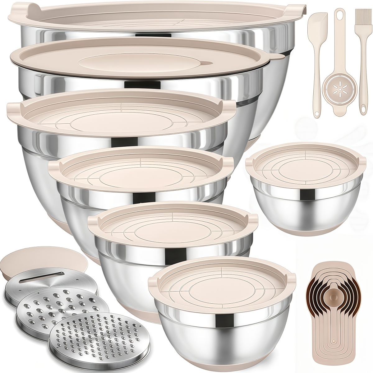 Image of 15pcs Stainless Steel Mixing Bowl Set With Lids, Nesting Metal Bowls With And Baking Tools, Stackable Salad Bowls, Dishwasher Safe, For Baking, Cooking, Meal Prep, And Food Storage