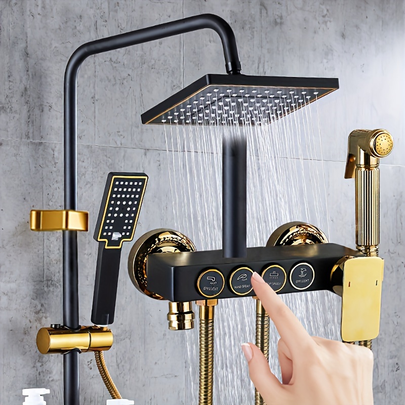 1pc wall mounted shower set adjustable rainfall showerhead 4 round button control thermostatic mixer tap for bathroom universal fitting bathroom accessories details 0
