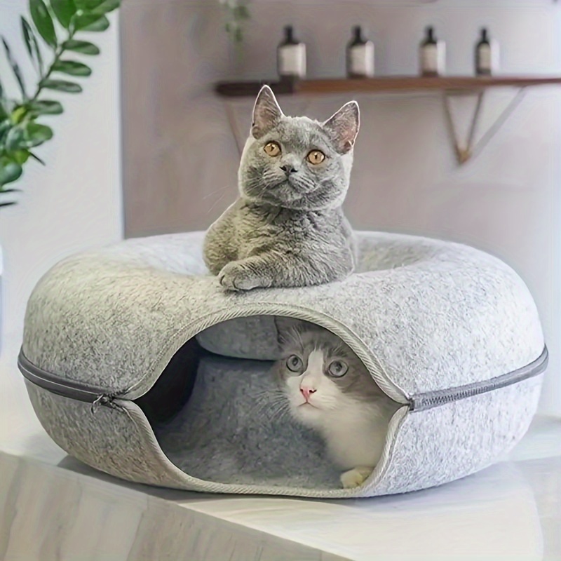 

Cozy Felt Cat Tunnel Bed With Peek Window - Washable, All-season Donut Cave For Indoor Cats Tunnel Bed Cozy Cat Bed Hideaway