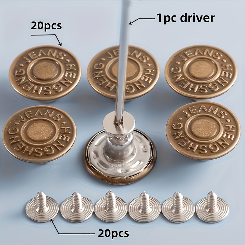 TEMU 41 pièces, comprenant 20 boutons, 20 vis et 1 tournevis. sont des boutons de jean, réglables, amovibles et couture, en métal pour accessoires
