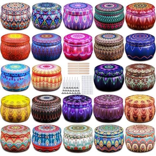 60pcs set group of 10 patterned candle jars round candle containers with lids for christmas gifts arts crafts storage candle supplies 20 wicks 20 wick stickers 10 wick holders empty candle jars