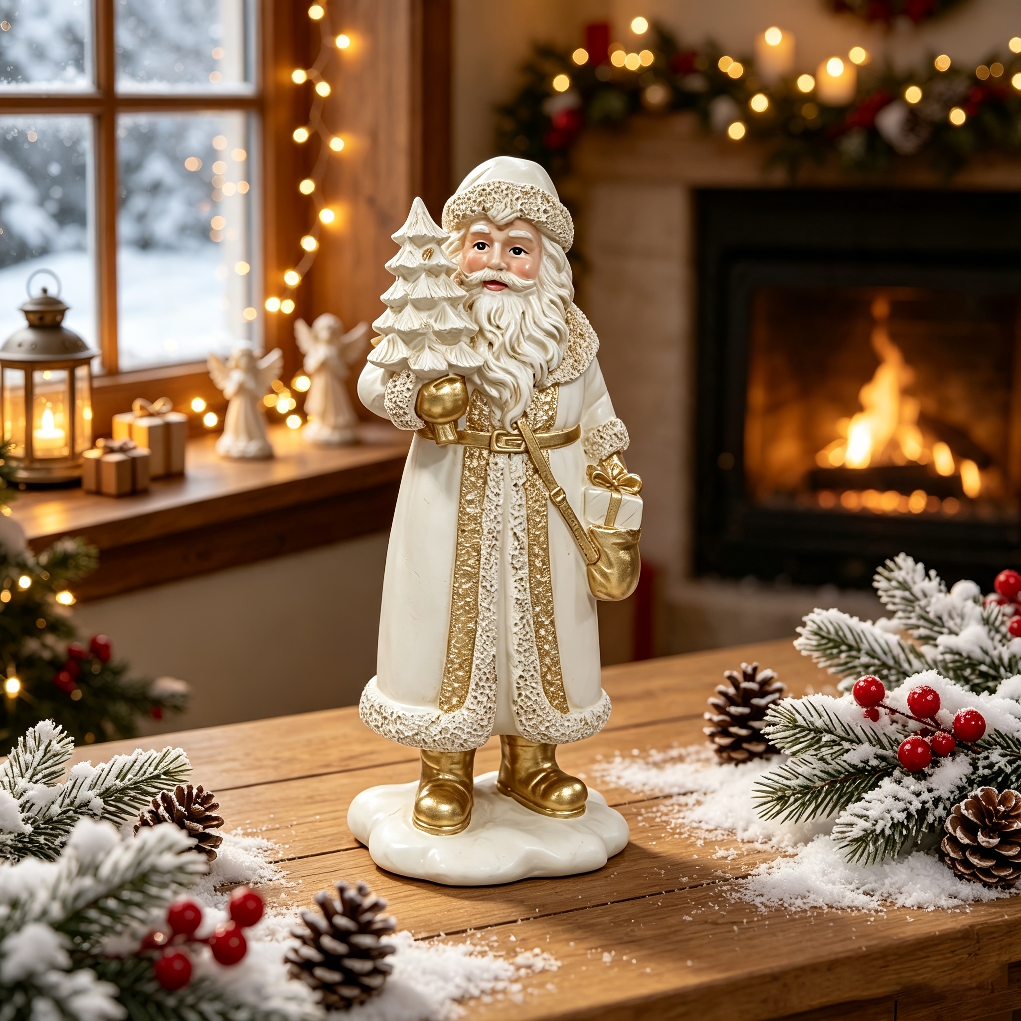 TEMU 1pc Classic White And Golden Vintage Santa Claus Resin Home Ornament, Nordic-style Santa Statue Holding A Small Tree, Suitable For Christmas