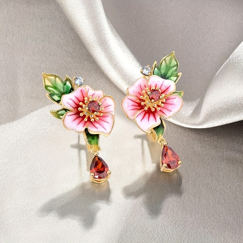 Flower Inlay Ruby Pendant Earrings for Women's Party