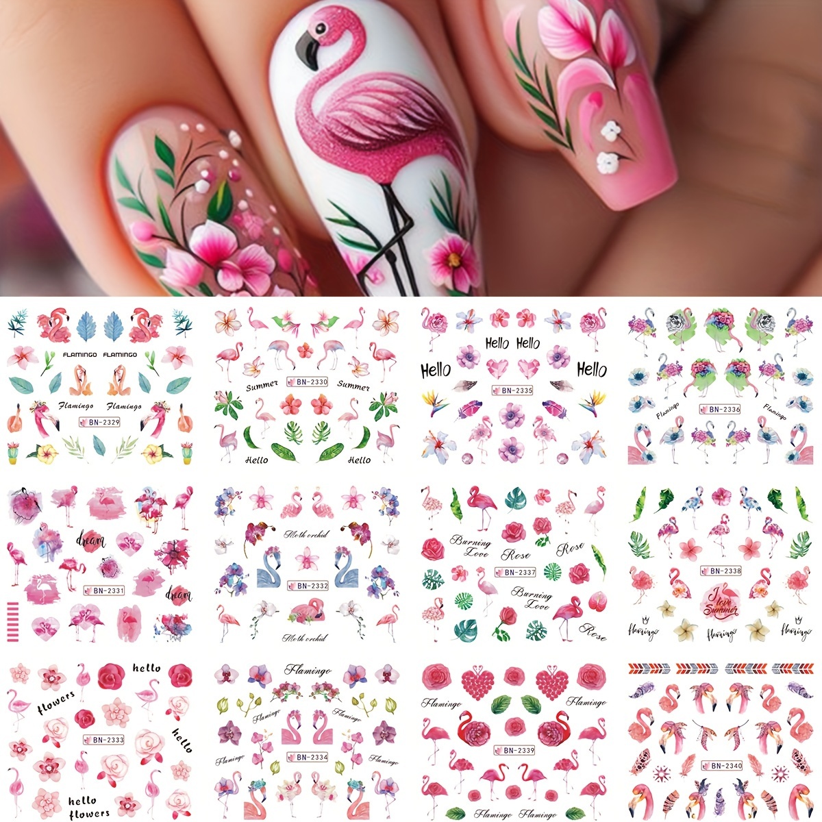 12 Designs Summer Nail Pink Flamingo Rose Flower Bouquet Palm Transfer Nail Art Stickers, Watercolor Green Coconut Tree Blooming Tropical Plants Animal Decals Slider Watermark Decoration (without )